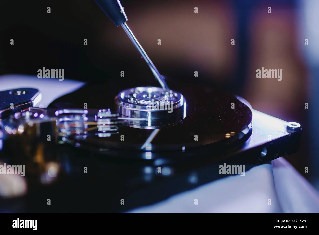 Tournevis placé dans un composant d'un disque dur ouvert Banque D'Images