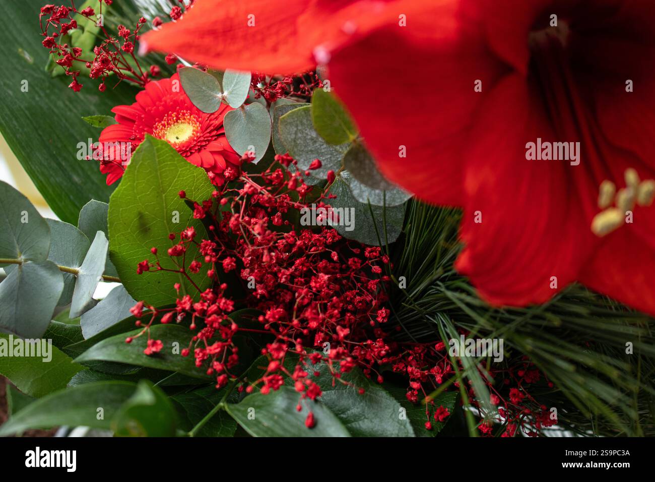 Gros plan d'un bouquet avec des fleurs rouges et différentes feuilles vertes Banque D'Images