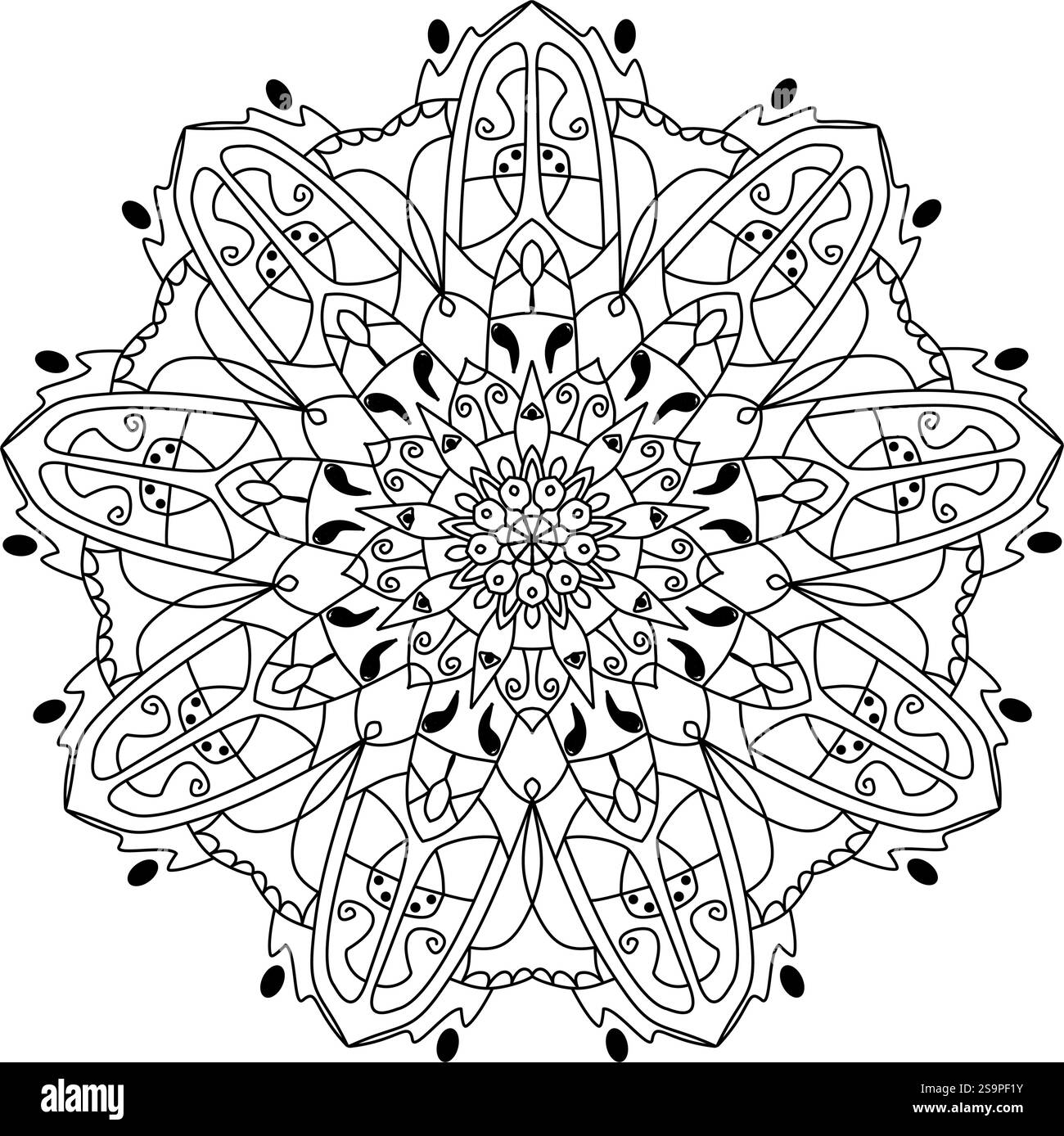 Modèle Mandala simple design floral et contour de forme de style libre, couleur noir et blanc Illustration de Vecteur