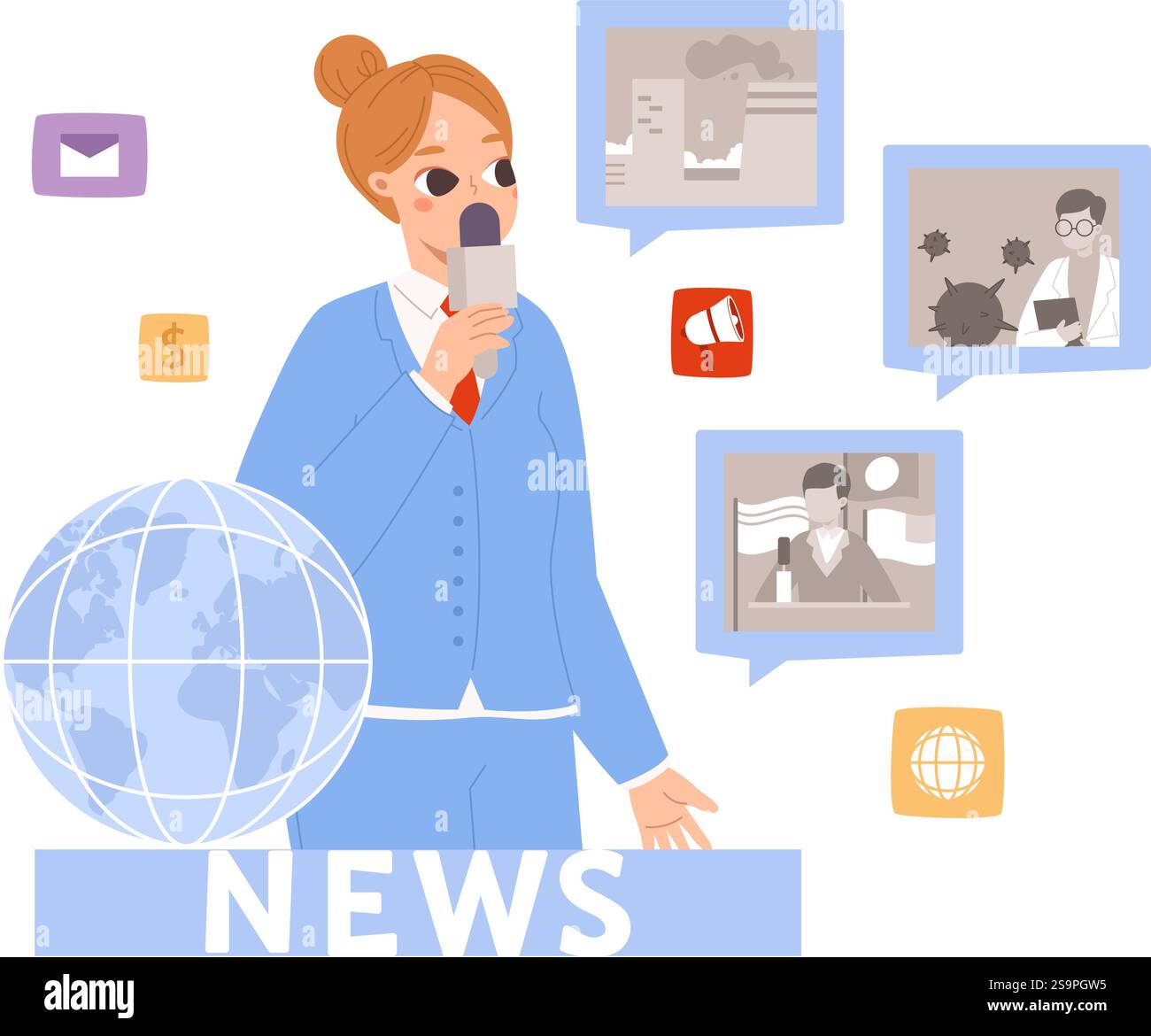 Présentateur de nouvelles avec microphone retransmettant les nouvelles internationales. Blogueur de médias sociaux, émission de télévision ou journaliste. Résumé quotidien ou hebdomadaire de l'information, vecteur Illustration de Vecteur