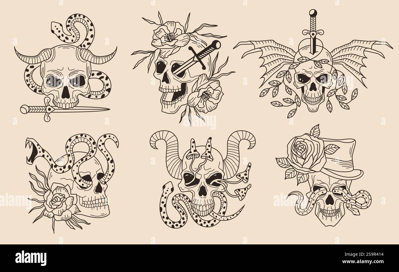 Tatouage crânien. Visage effrayant avec la tête dessinée à la main d'émotion différente modèles stylisés vectoriels récents crâne pour les projets de conception de tatouage Illustration de Vecteur