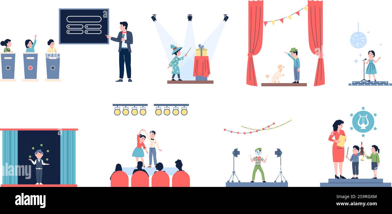 Émission de télévision pour enfants. Concours de talents pour enfants, concours de divertissement et intellectuels. Musique, artistes, danseurs programmes de médias enfantins, vecteur récent Illustration de Vecteur