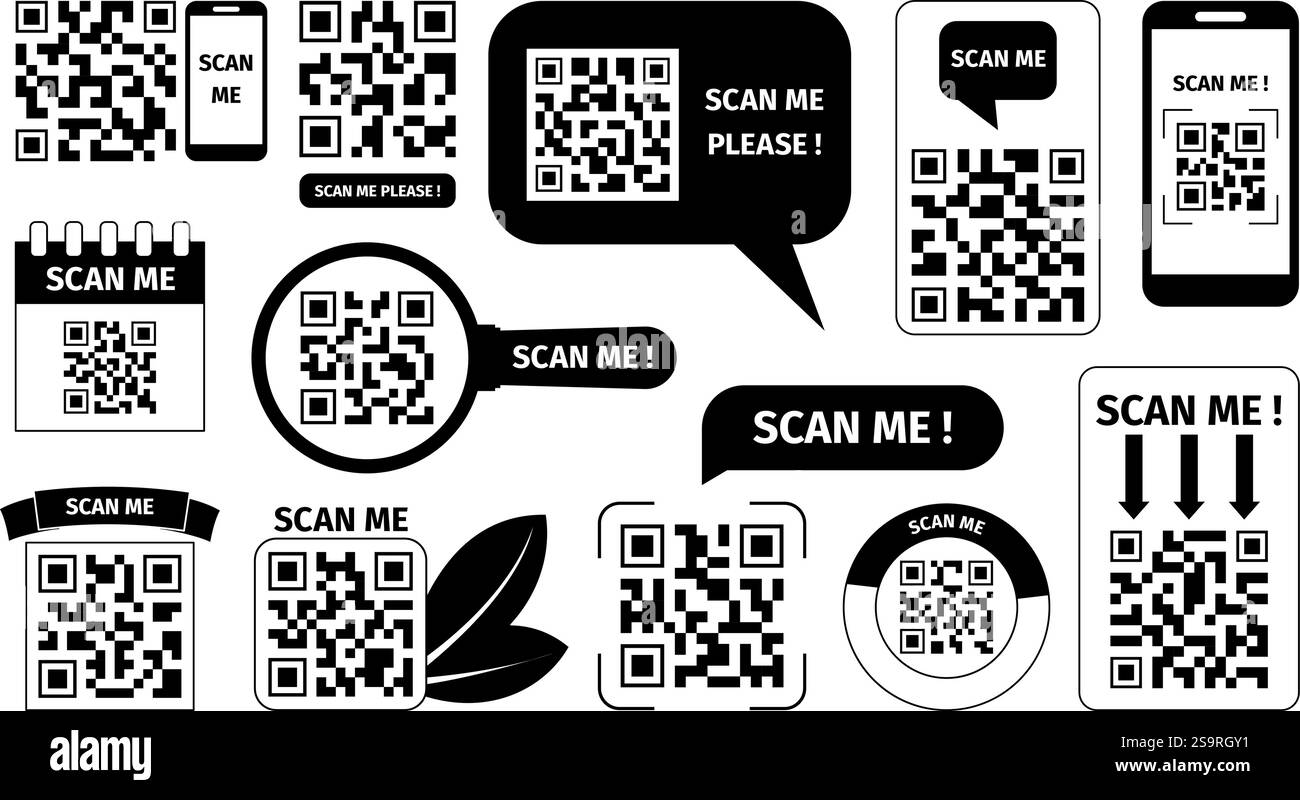 Codes-barres à lire. Codes QR badges, portefeuille électronique, modèle de paiement numérique pour application ou site. Scannez-moi les éléments mobiles et imprimables, ID conception vectorielle récente Illustration de Vecteur