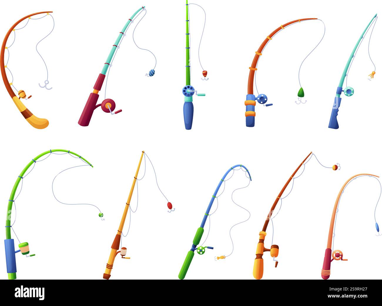 Cannes à pêche. Tige de dessin animé avec des lignes de rotation, bobine, poignées. Outils de pêcheur isolé pour la capture de poissons dans la rivière d'étang ou la mer. EQUIPEMENT de pêche à la ligne Illustration de Vecteur