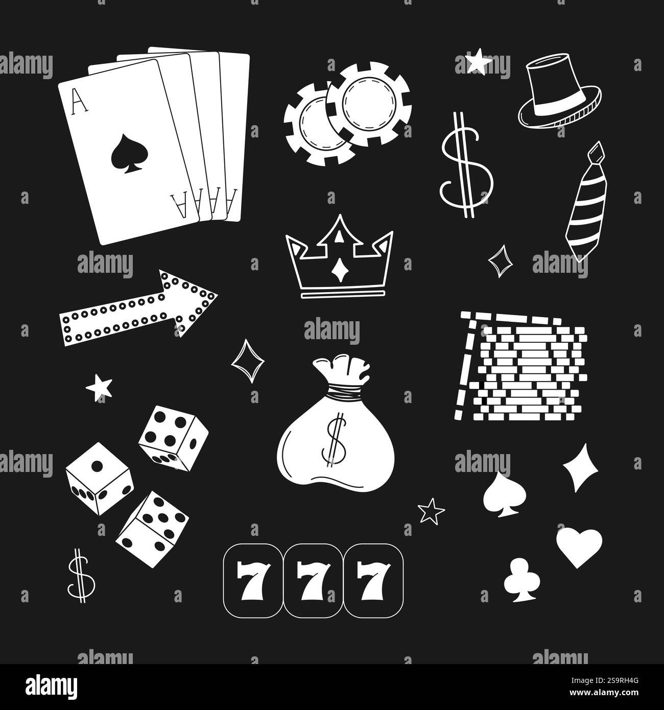 Illustration vectorielle sur le thème du casino avec ensemble de jeux d'argent doodles en noir et blanc. Concept de jeux en ligne et de projets sur le thème du divertissement. Illustration de Vecteur