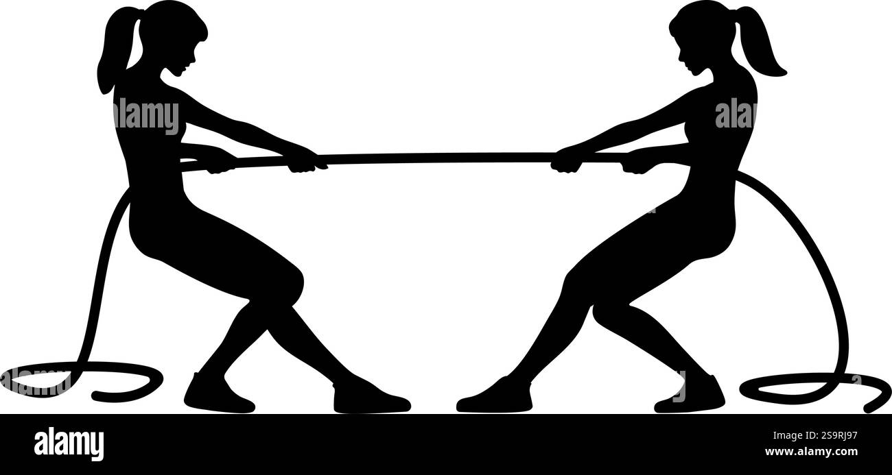 Silhouette de deux femmes jouant remorqueur de guerre, tirant la corde, concept de compétition. illustration vectorielle Illustration de Vecteur