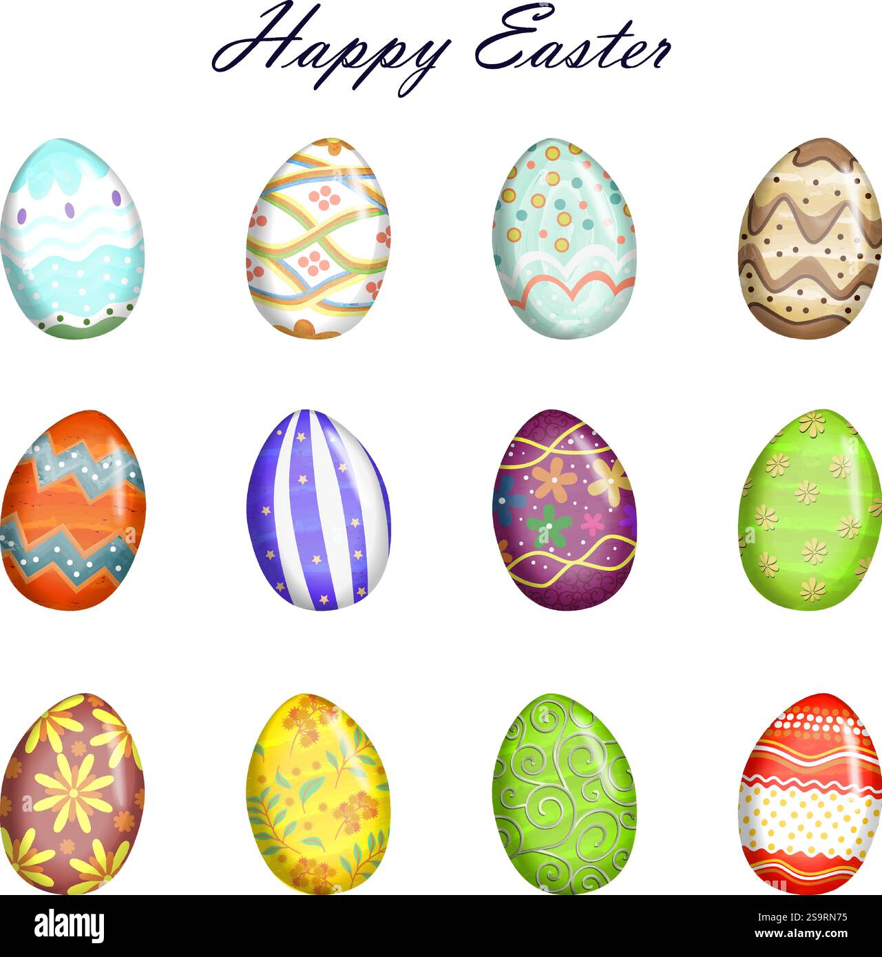 Joyeuses Pâques. Ensemble d'œufs de Pâques colorés décorés avec une texture différente, motif. Vacances de printemps. Illustration vectorielle isolée. Illustration de Vecteur