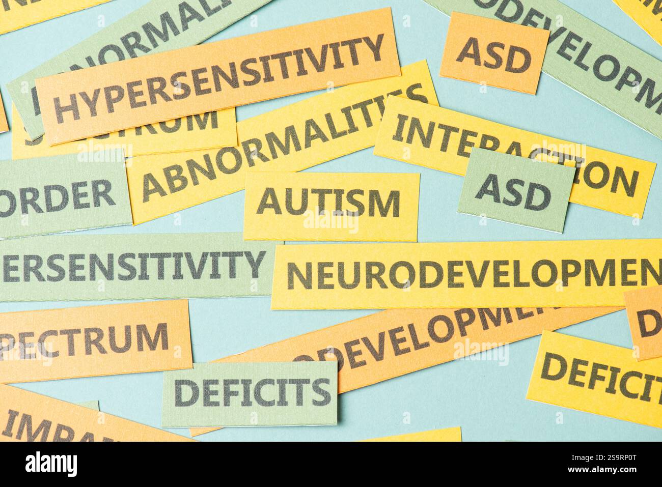 TSA autisme trouble du spectre neurodéveloppemental, déficits dans la communication sociale et l'interaction, cerveau avec déficience, hypersensibilité et abnorma Banque D'Images