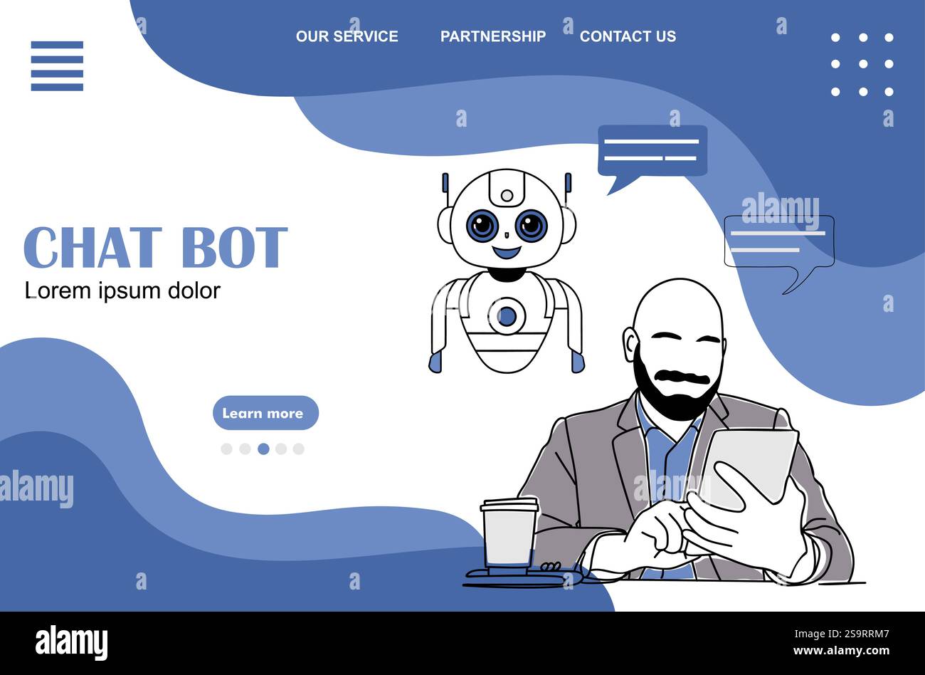 Page de destination, modèle de site Web avec bot de chat ai Illustration de Vecteur