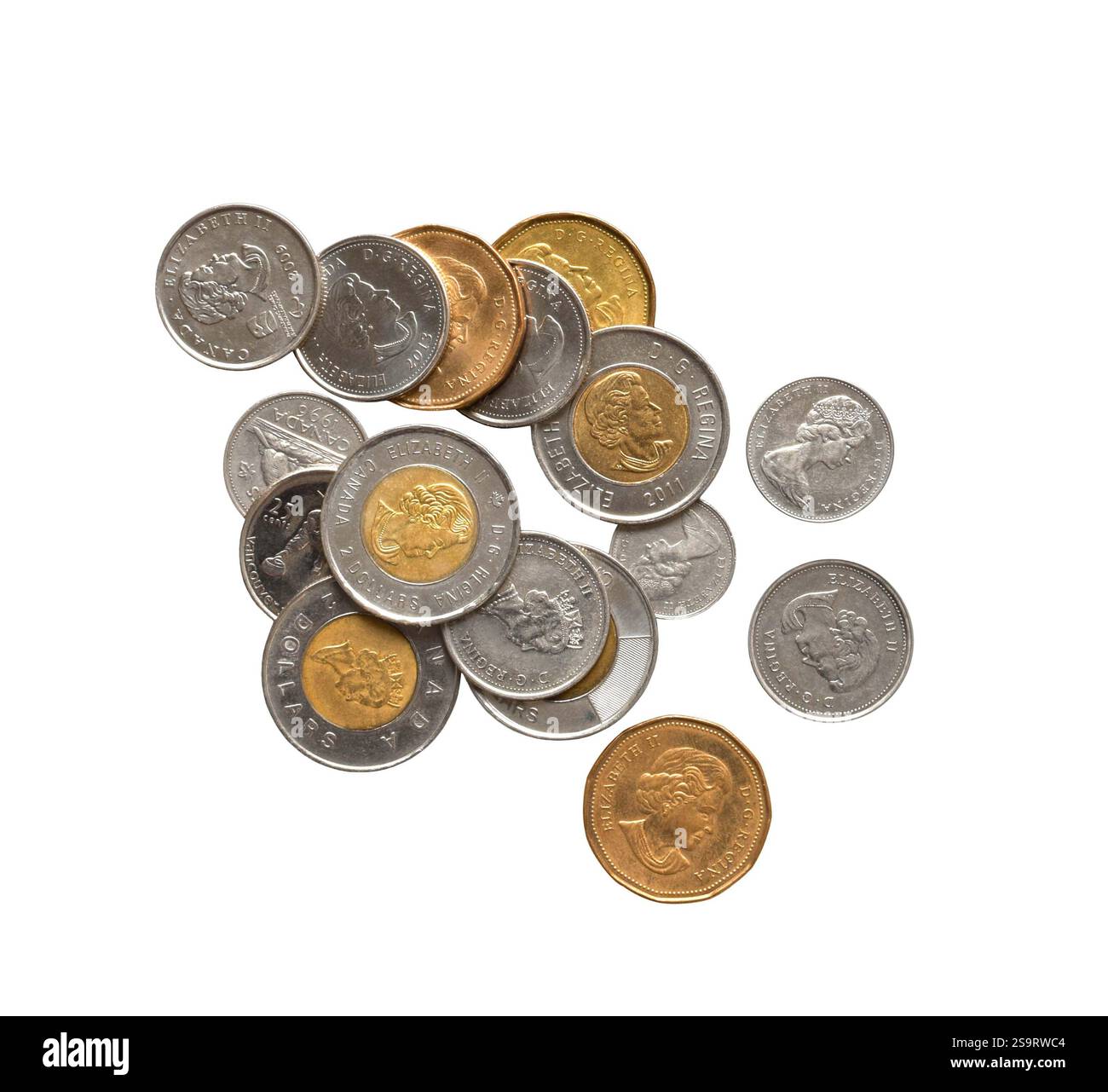 Pièces de monnaie canadienne découpées isolées sur blanc Banque D'Images