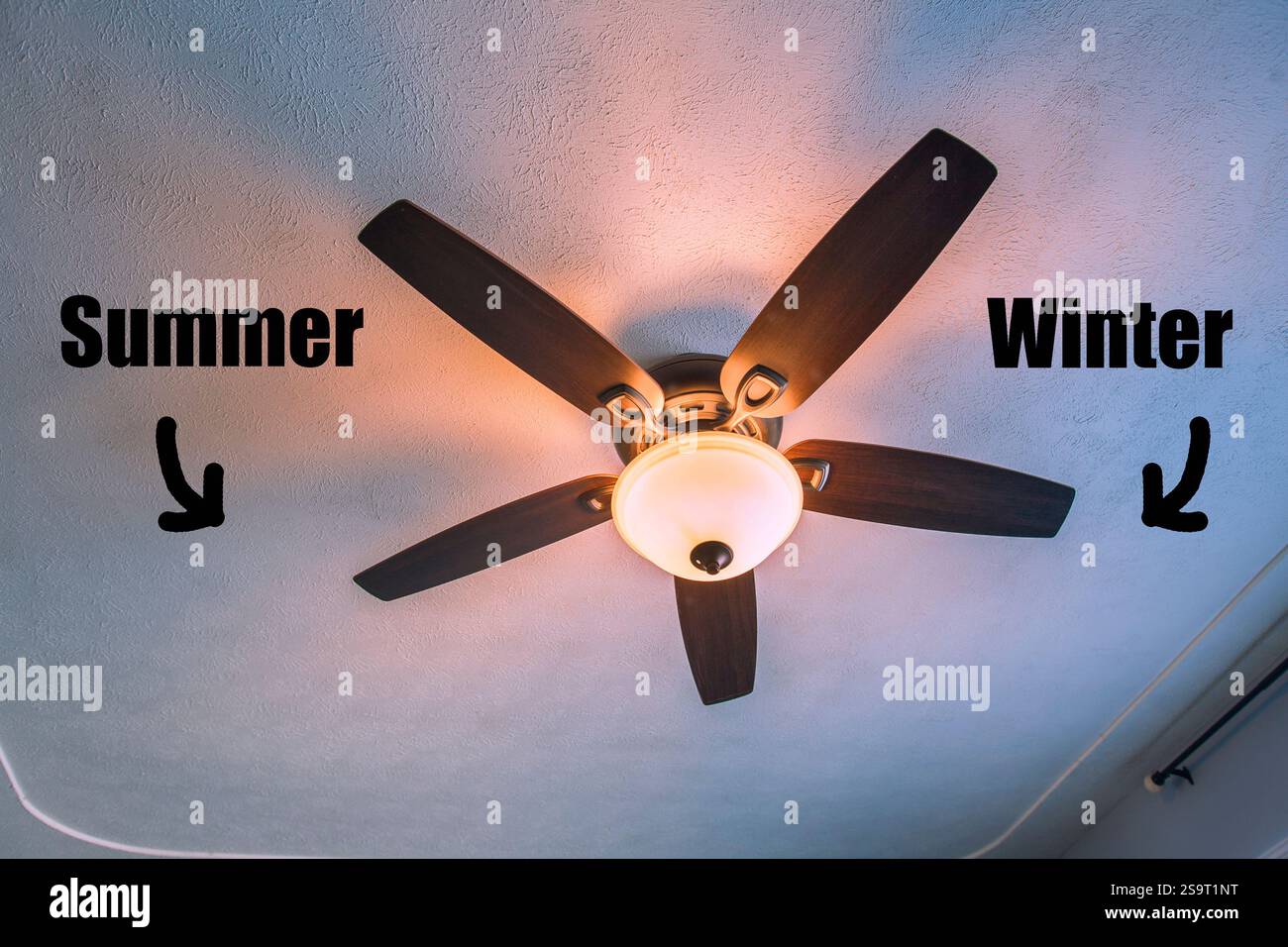 Un ventilateur de plafond peut être utilisé pour chauffer ou refroidir une pièce avec la direction de rotation du ventilateur. Banque D'Images