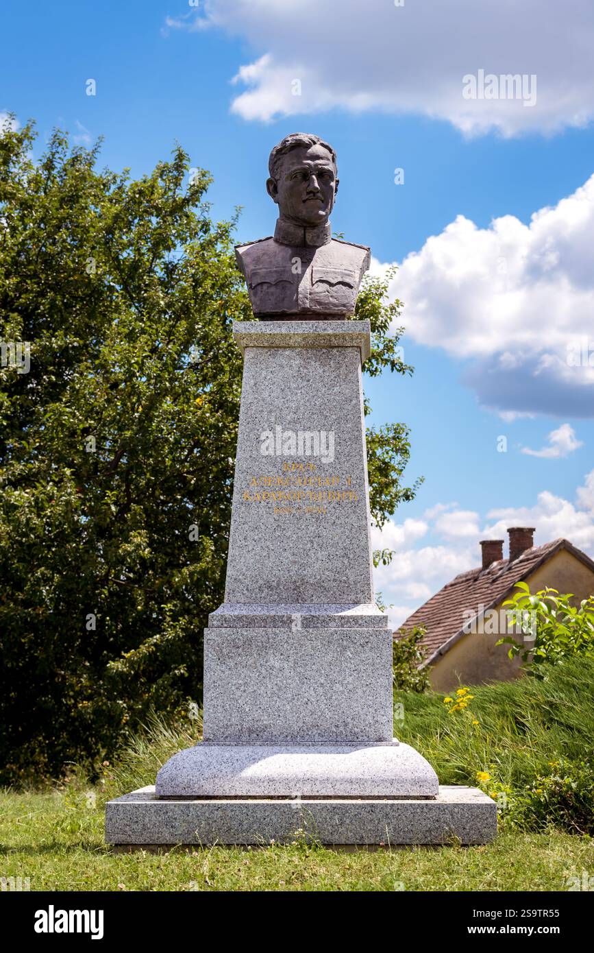 Tekeris, Serbie – 5 juillet. 2024 : le monument du roi Alexandre Ier Karadjordjevic est installé dans le complexe commémoratif de la bataille de CER dans le village Banque D'Images