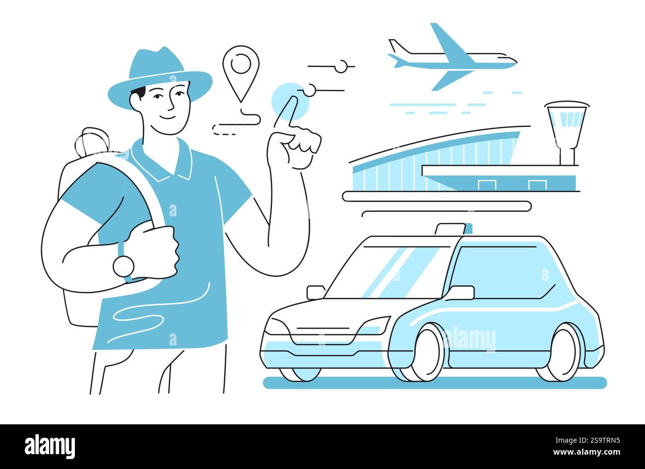 Le voyageur commande le transfert en voiture de l'aéroport. Concept de voyage. Transport commercial de passagers Illustration de Vecteur