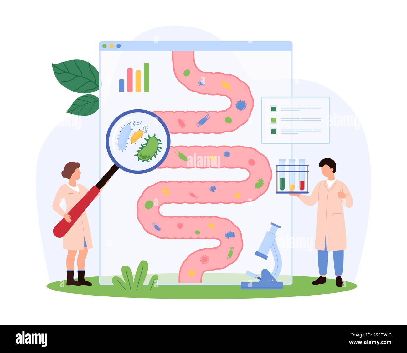 De minuscules personnes examinant la flore intestinale bénéfique, se concentrant sur la santé digestive et l'équilibre du microbiome, explorant les bactéries impacts positifs illustration vectorielle. Illustration de Vecteur