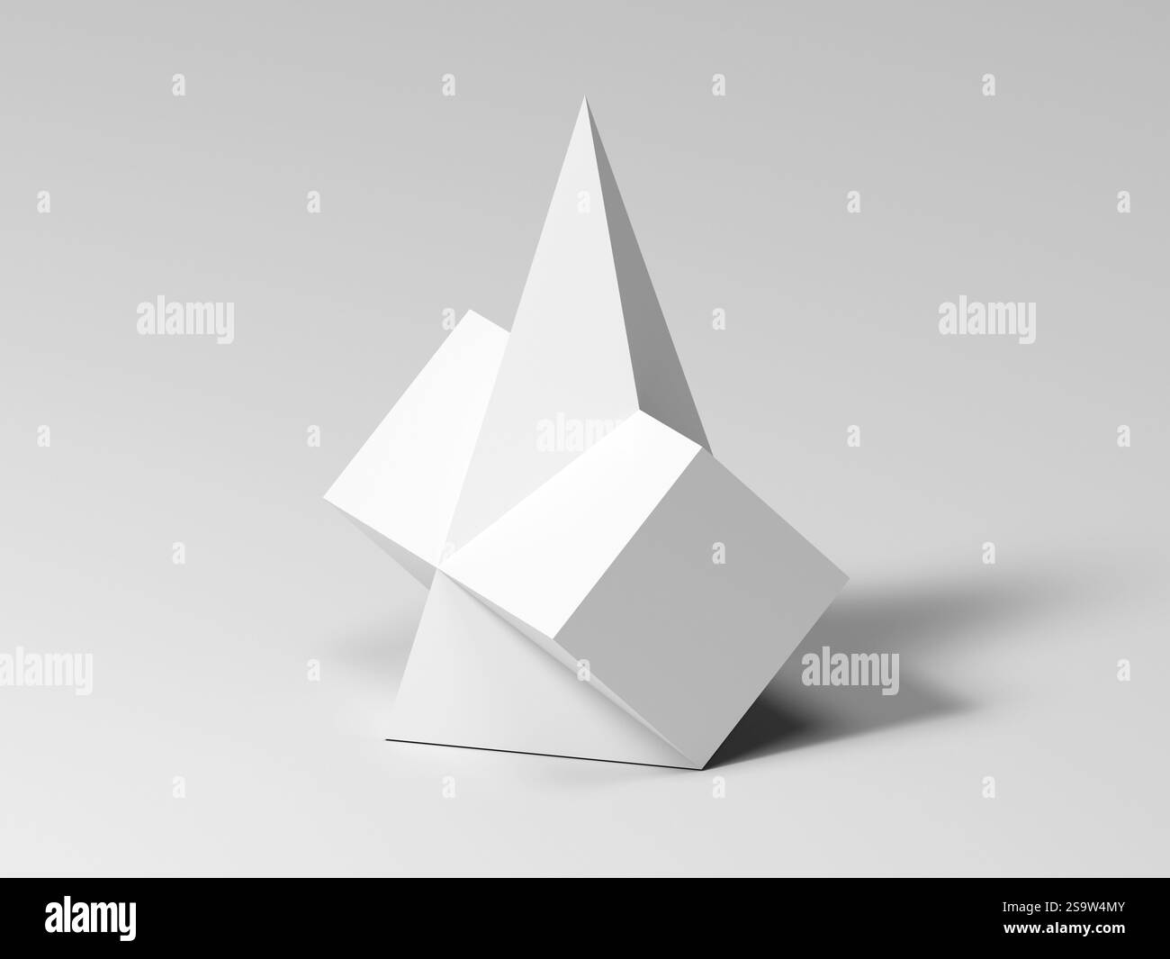 Installation géométrique blanche abstraite, pyramide croisée avec une boîte, illustration de rendu 3D. Banque D'Images