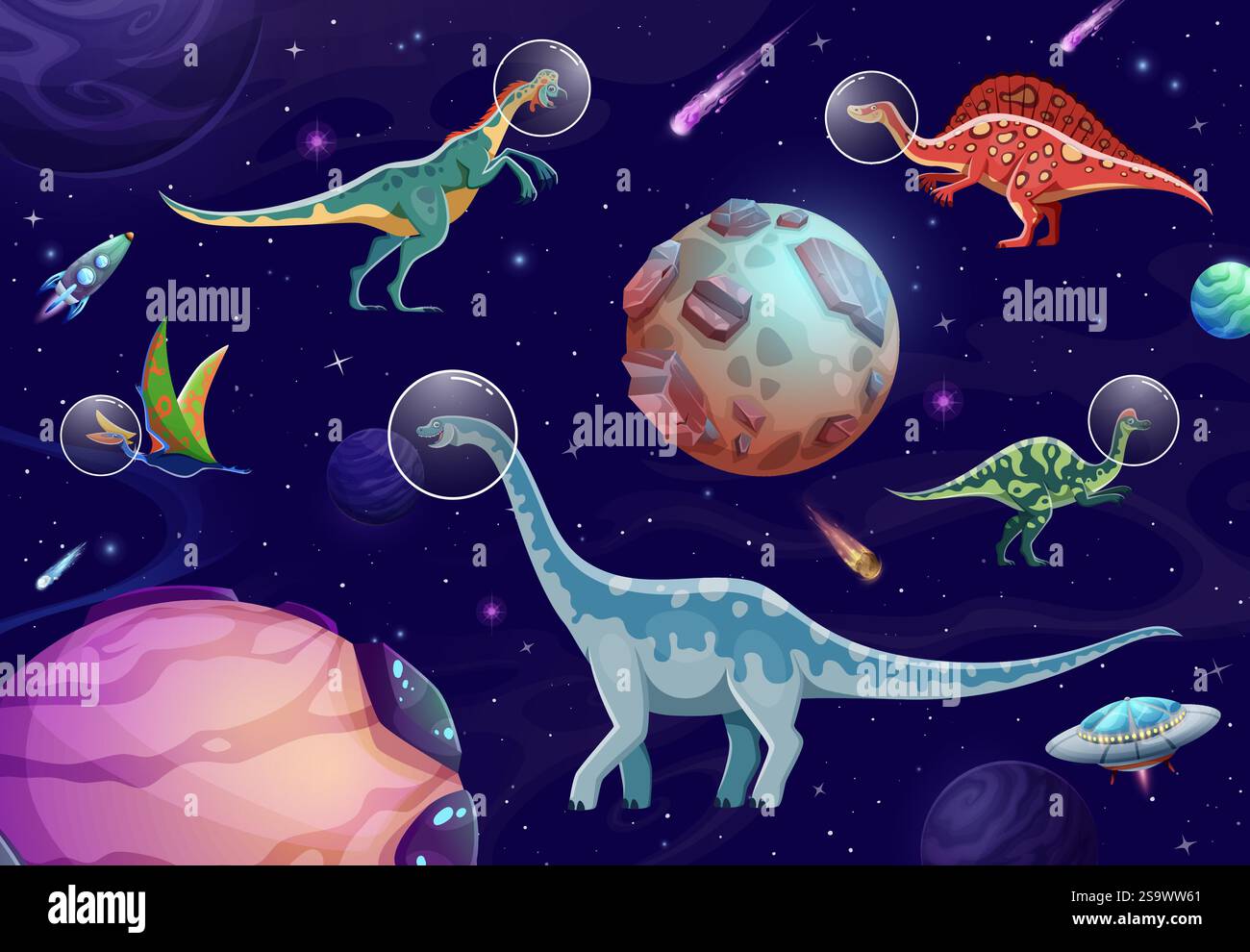 Astronautes de dinosaures de dessins animés dans l'espace extra-atmosphérique. Personnages Dino vectoriels dans des casques, entourés d'étoiles, de planètes, de constellations et de comètes. Imagin ludique Illustration de Vecteur