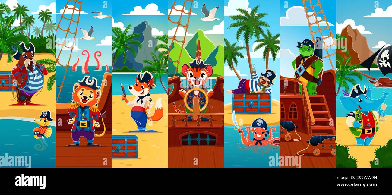 Collage de personnages de pirate animal de dessin animé ou corsaire. De mignons rovers lors de voyages en mer aventureux, incarnez la vie d'obstruction sur les navires, explorez et chassez h. Illustration de Vecteur