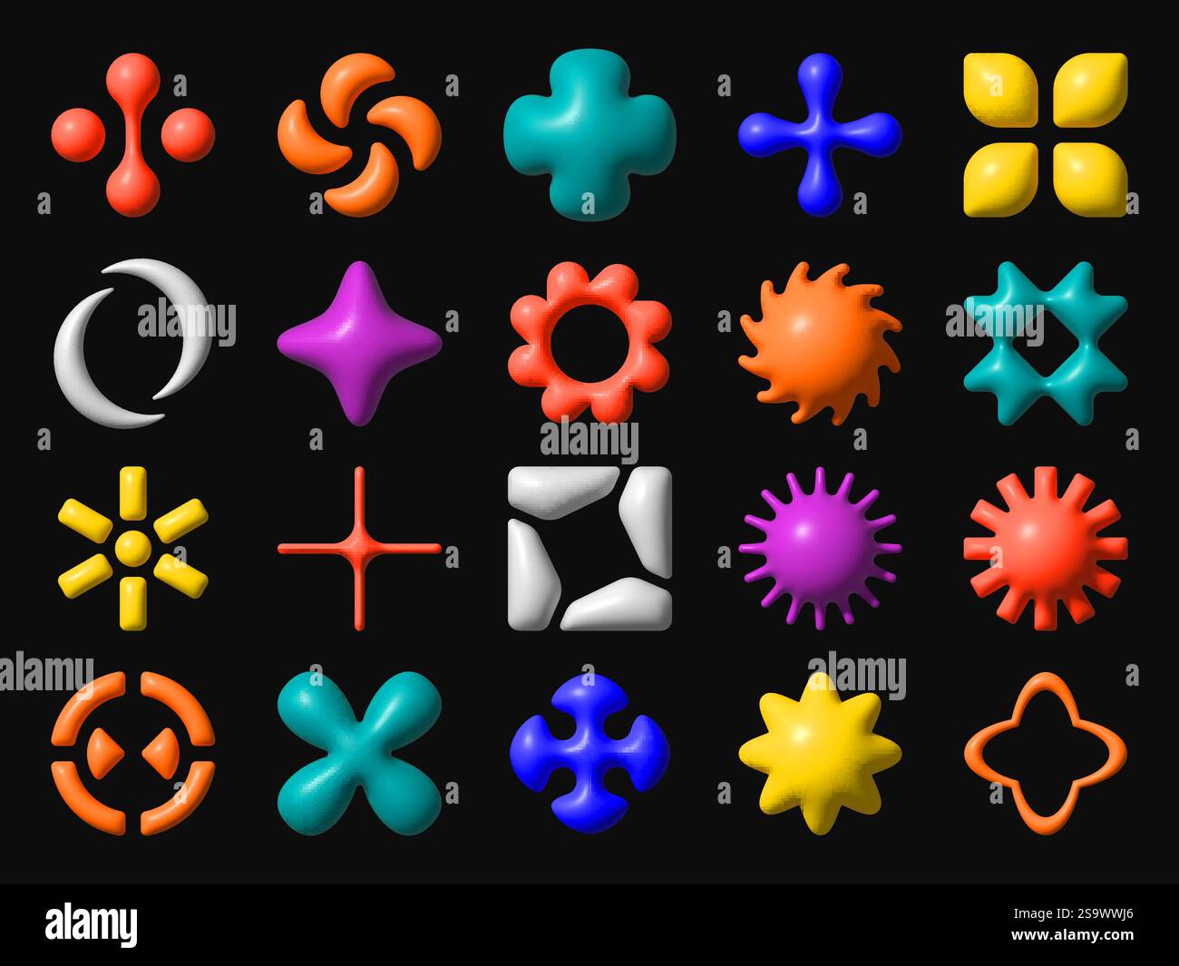 3d Y2K brutalisme formes dans des couleurs vives comme l'orange, le jaune, le bleu ou le violet, les figures Vector présentent des textures lisses et brillantes avec des desi géométriques ludiques Illustration de Vecteur