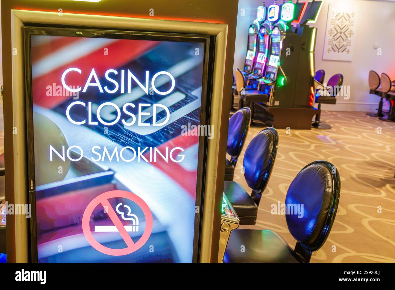 Miami Floride, Norwegian Cruise Line NCL Breakaway Ship, itinéraire de 11 jours de la mer des Caraïbes, Port de Miami, à bord de l'intérieur, Casino signe électronique non Banque D'Images