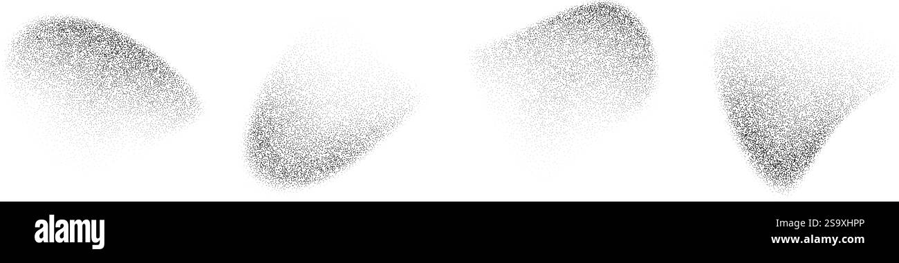 Décoloration abstraite des formes de dégradé en pointillés. Ensemble d'objets pointillés liquides noirs. Taches et taches granuleuses. Des éclaboussures de bruit et des éclaboussures se forment. Dissoudre la texture de poussière de sable. Eléments fluides vectoriels en demi-teintes Illustration de Vecteur