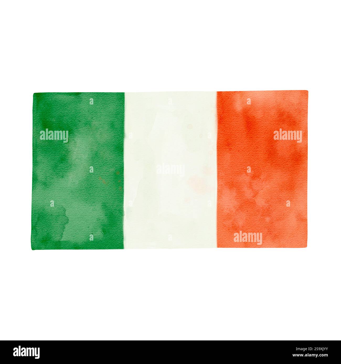 Une superbe et belle interprétation aquarelle du drapeau irlandais, mettant en valeur ses couleurs vibrantes et vives parfaitement. Clipart d'aquarelle dessinée à la main isolé sur fond blanc pour diverses conceptions et impressions. Banque D'Images