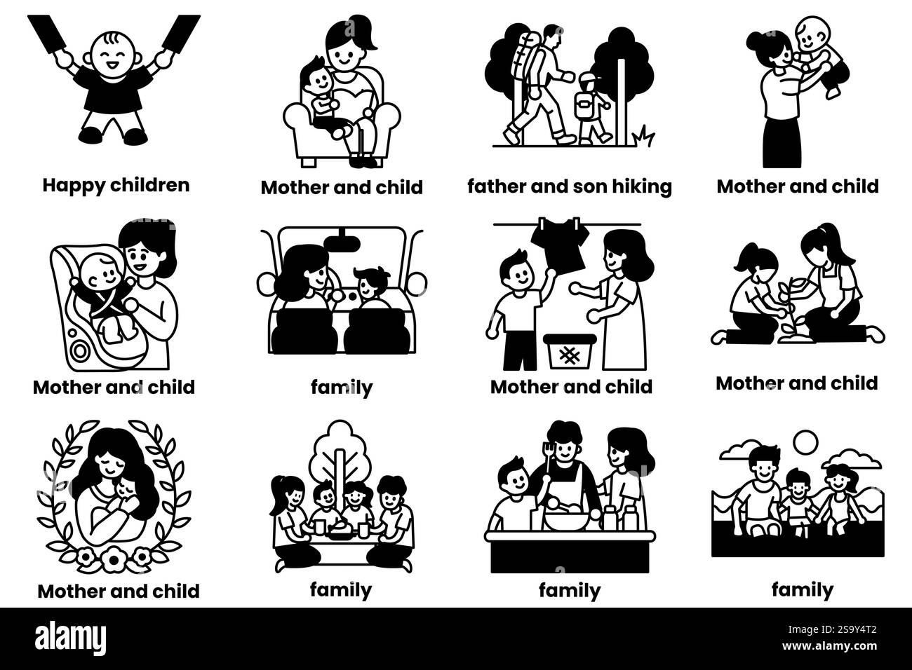 Un ensemble d'illustrations dans le concept de mère et d'enfant dans le style de dessin au trait Illustration de Vecteur
