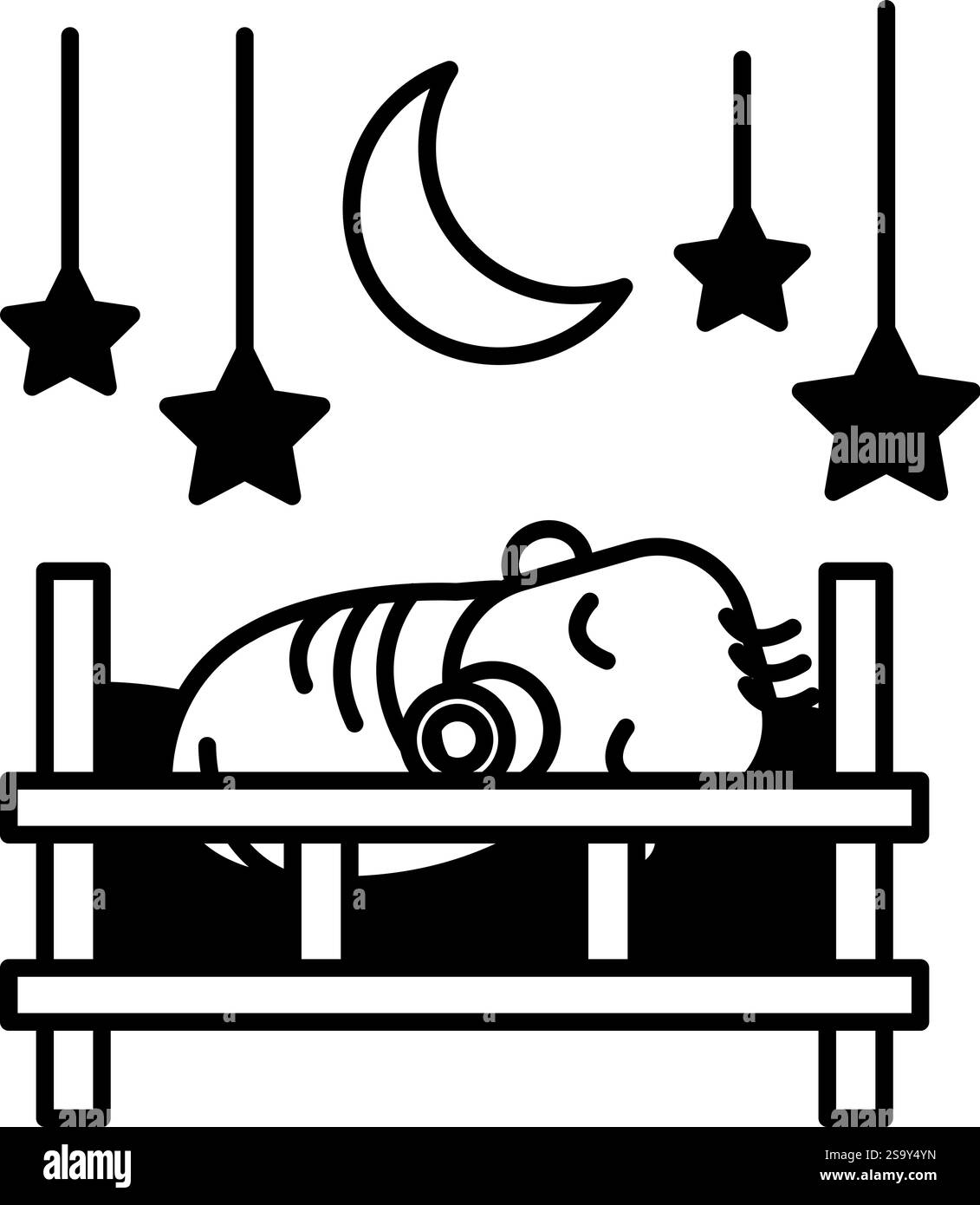 Un bébé dort dans un berceau avec une lune et des étoiles au-dessus. Concept de calme et de paix, car le bébé se repose dans un environnement sûr et confortable Illustration de Vecteur