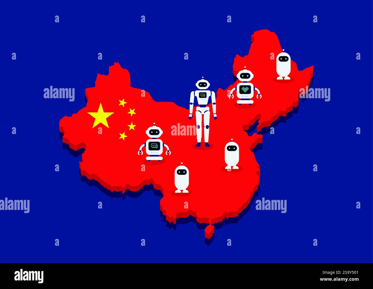 Des robots sont debout sur la carte de la chine. Concept de guerre générative d'intelligence artificielle. Illustration vectorielle Illustration de Vecteur