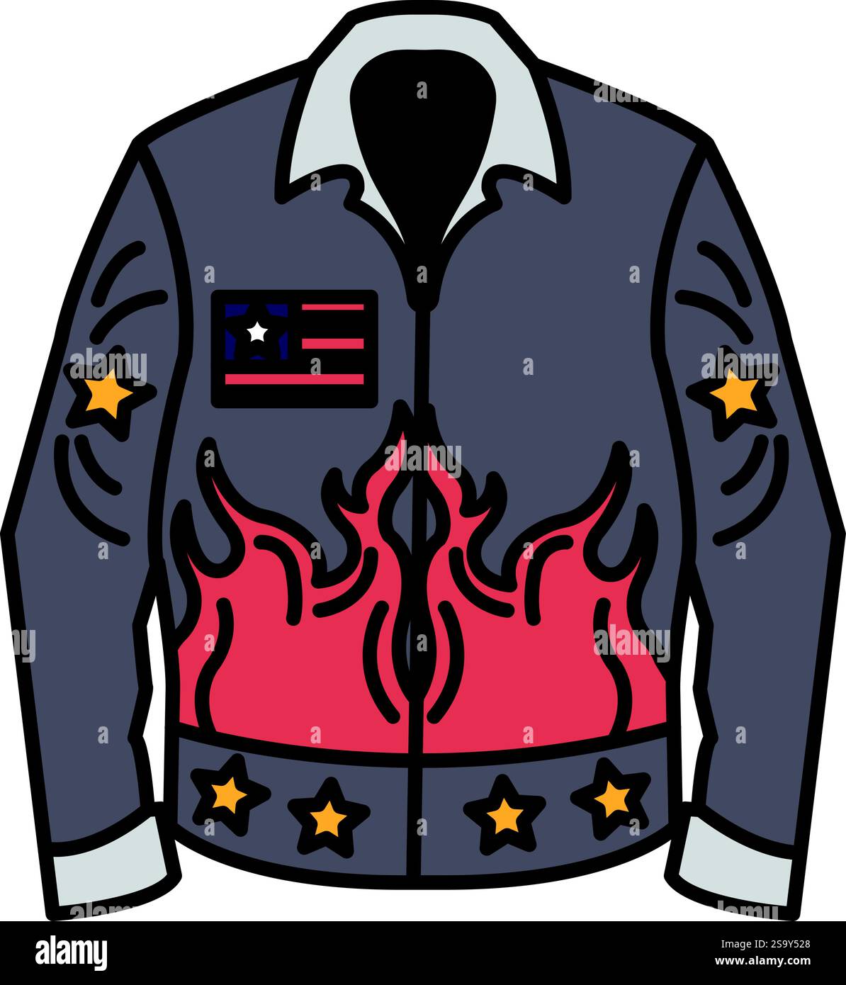 Un dessin de dessin animé d'une veste d'homme avec des flammes dessus. La veste a un patch avec le drapeau américain dessus Illustration de Vecteur