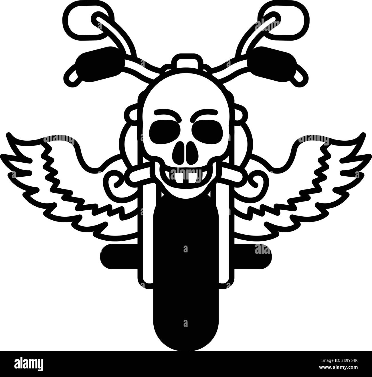 Un crâne est sur une moto avec des ailes. Le crâne est souriant et la moto est noire. La moto est un symbole de liberté et de rébellion Illustration de Vecteur