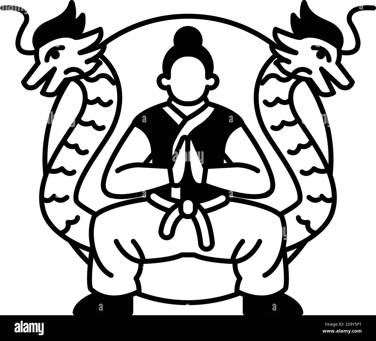 Un homme est assis sur une chaise avec deux dragons de chaque côté de lui. L'homme porte une tenue noire et il médite. Concept de calme et se Illustration de Vecteur