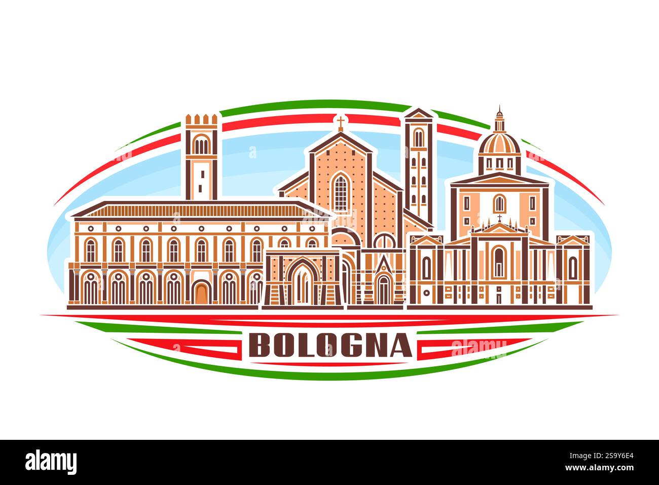 Illustration vectorielle de Bologne, signe décoratif horizontal avec design linéaire célèbre paysage de ville de bologne sur fond de ciel de jour, ligne urbaine historique a Illustration de Vecteur