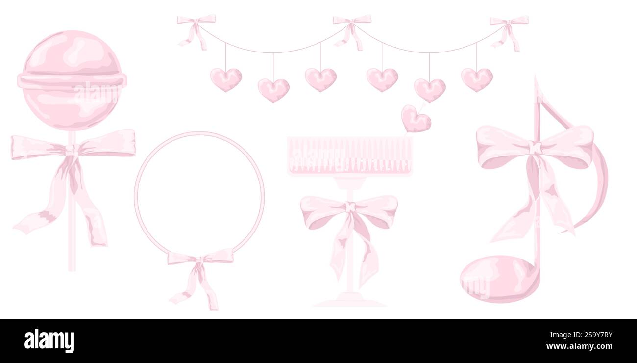 Illustration vectorielle de l'arc vintage girly rose et de l'ensemble de cadre. Archet pour décor de cheveux plat. Rubans isolés. Sucette rose. Éléments de coiffure mignons Illustration de Vecteur