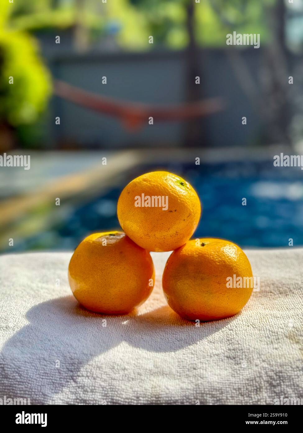 Oranges sur serviette blanche avec vue sur la piscine tropicale trois oranges fraîches empilées dans une pyramide sur une serviette blanche douce, avec un fond tropical flou fea - Image de stock capturée avec un smartphone