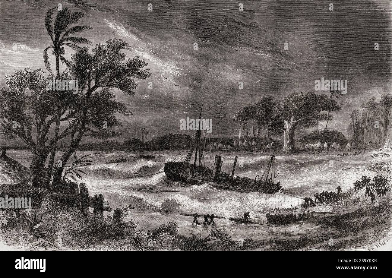Raz de marée à Rufisque, Sénégal, XIXe siècle. Vu lors de voyages et expéditions au Sénégal et dans les pays voisins. Tiré du Tour du monde, publié en 1861. Banque D'Images