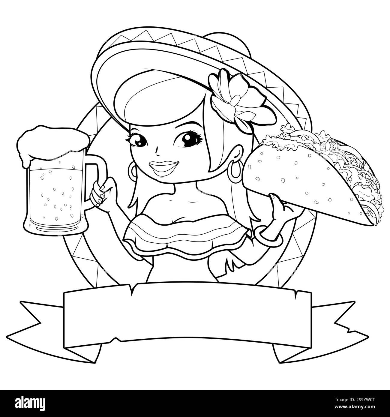 Femme mexicaine servant de la bière froide et un taco. Cinco de Mayo serveuse fiesta et bannière vierge. Coloriage noir et blanc Banque D'Images