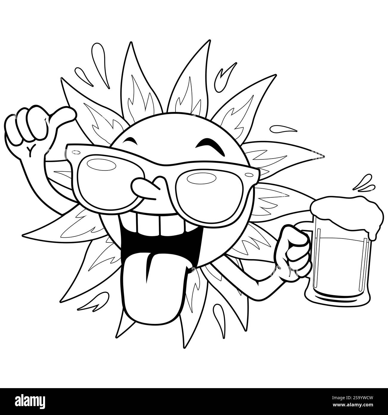 Soleil de dessin animé avec des lunettes de soleil vertes buvant un verre de bière froide. Vacances d'été avec boissons de fête. Coloriage noir et blanc Banque D'Images