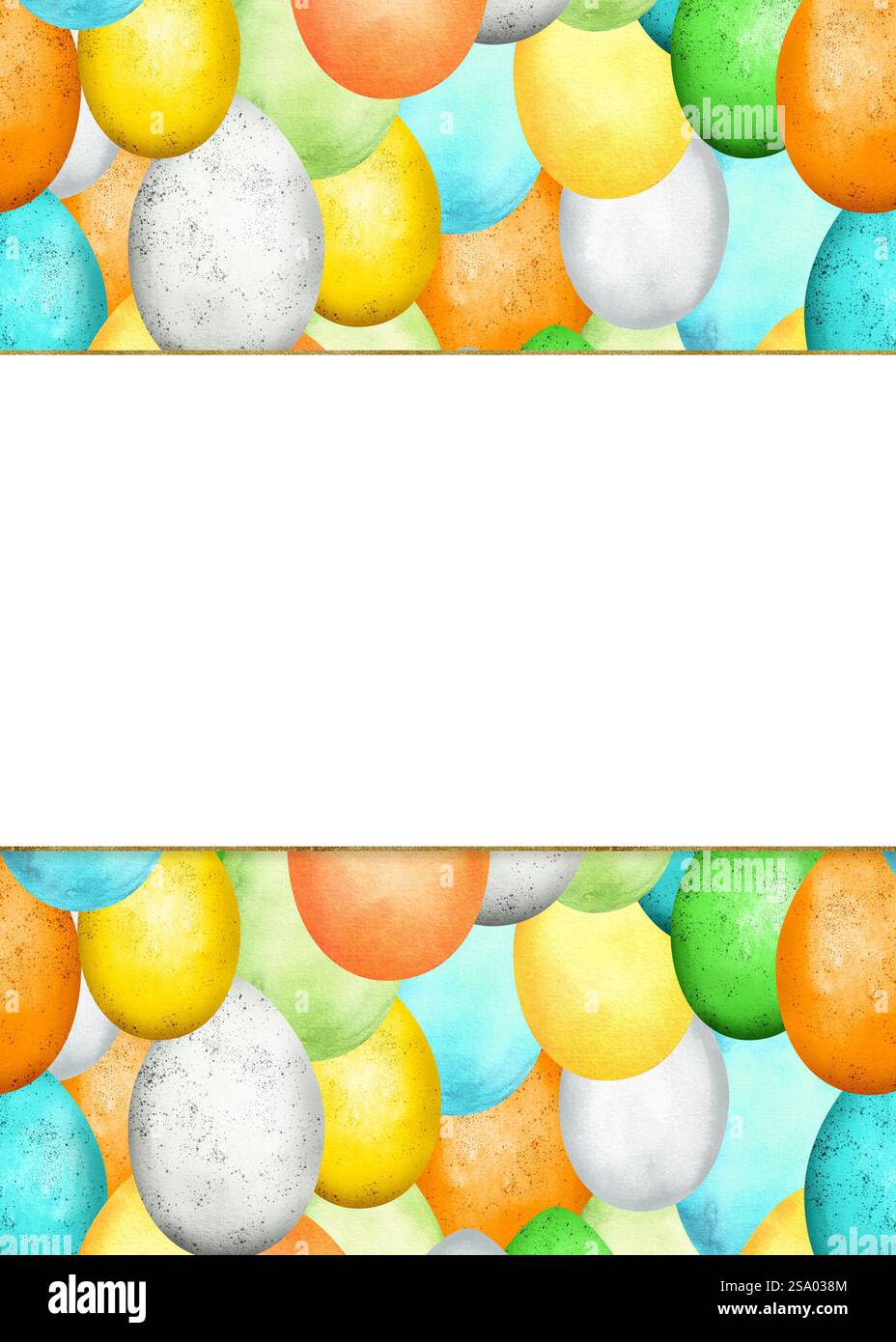 Carte postale de Pâques prête à l'emploi avec des œufs jaunes, turquoise, verts, blancs et oranges sur le fond. Illustration d'aquarelle dessinée à la main. Banque D'Images