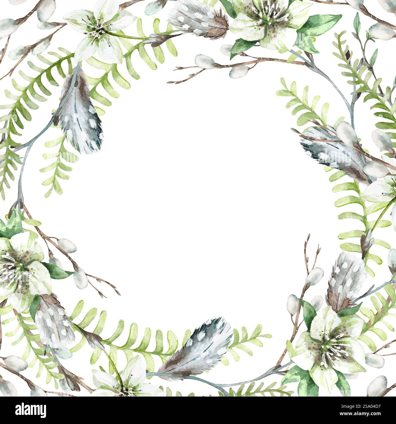 Cadre aquarelle de printemps de feuilles de fougères, plumes, brindilles, branches de saule, fleurs blanches d'hellebore. Banque D'Images