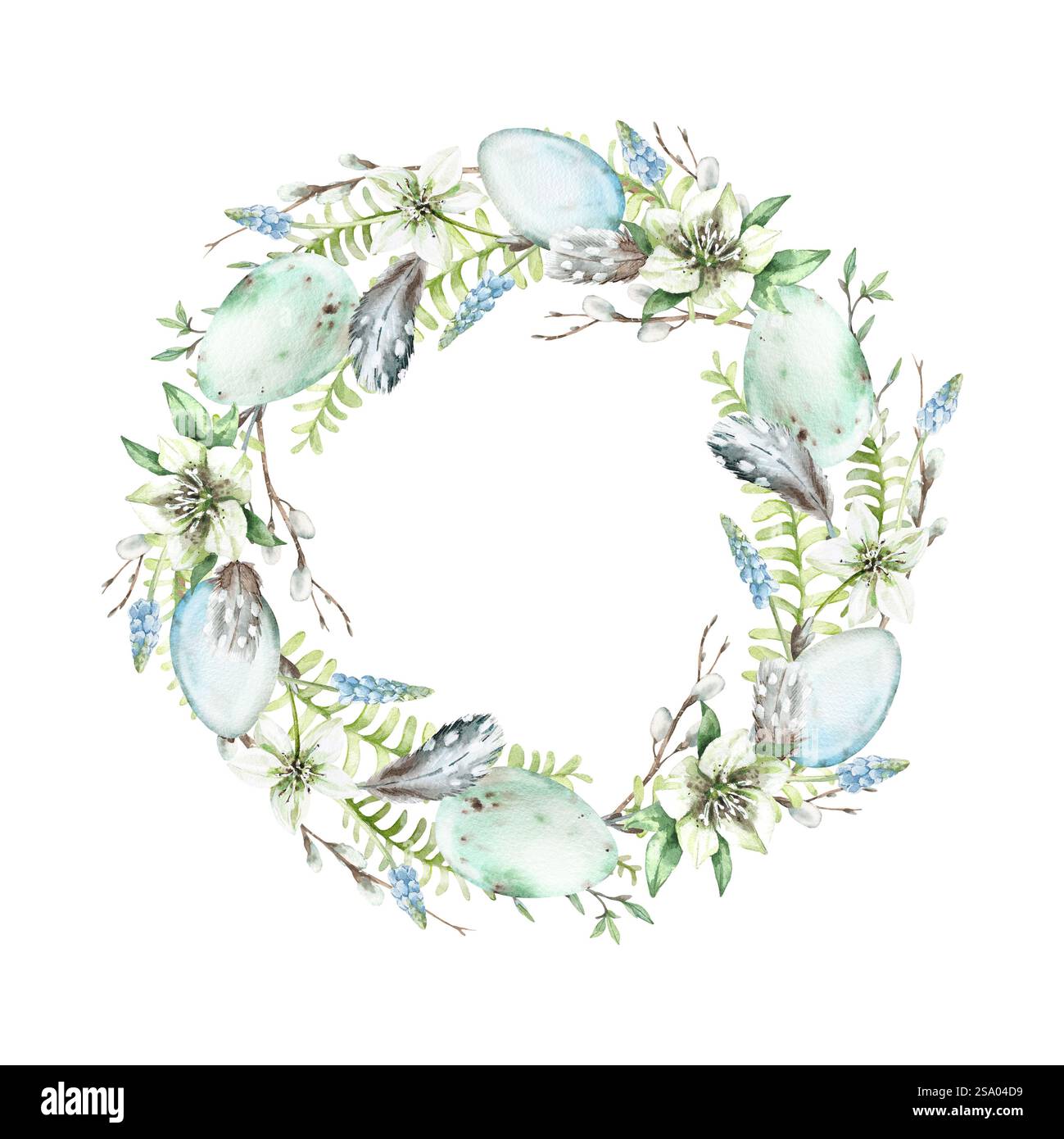 Couronne d'aquarelle de Pâques de feuilles de fougères, oeufs, plumes, brindilles, branches de saule, fleurs blanches Banque D'Images