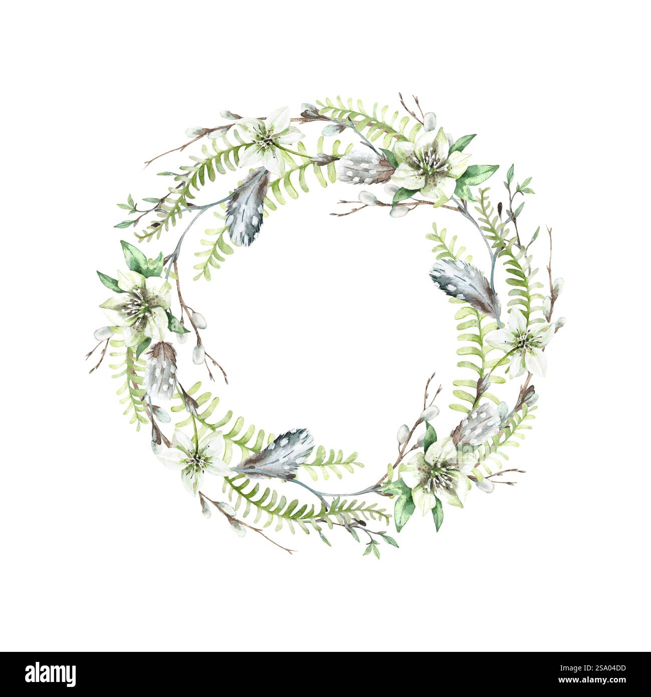 Couronne d'aquarelle de printemps de feuilles de fougères, plumes, brindilles, branches de saule, fleurs blanches d'hellebore. Banque D'Images