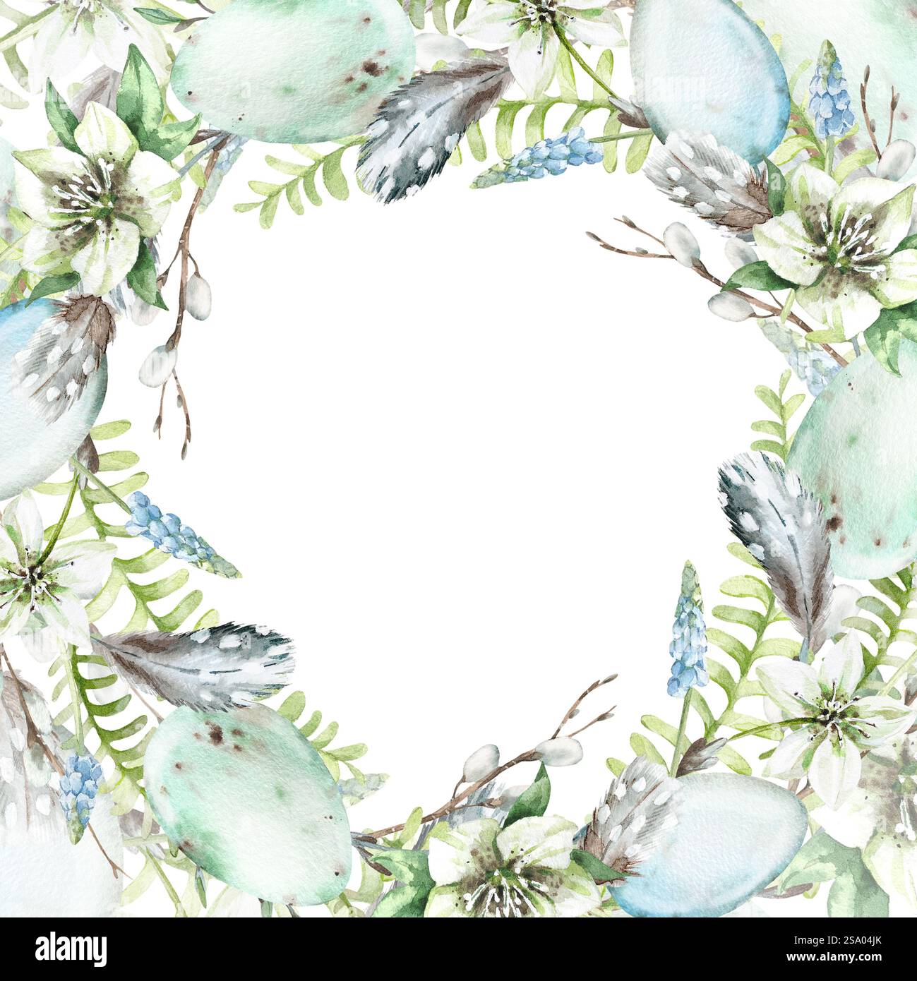 Cadre aquarelle de Pâques de feuilles de fougères, œufs, plumes, brindilles, branches de saule, fleurs blanches Banque D'Images