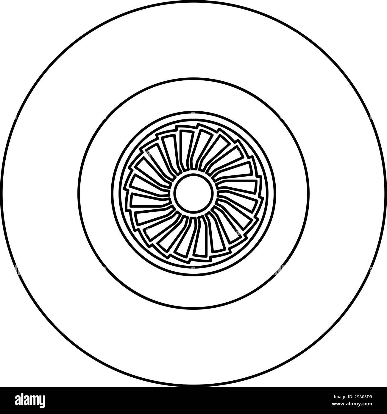 Turbine avion turbomachine moteur à réaction avion ventilateur icône en cercle rond couleur noire illustration vectorielle image contour ligne de contour mince style simple. Turbine avion turbomachine turboréacteur moteur avion icône de l'avion de soufflante en cercle rond couleur noire illustration vectorielle image contour ligne de contour mince style Illustration de Vecteur