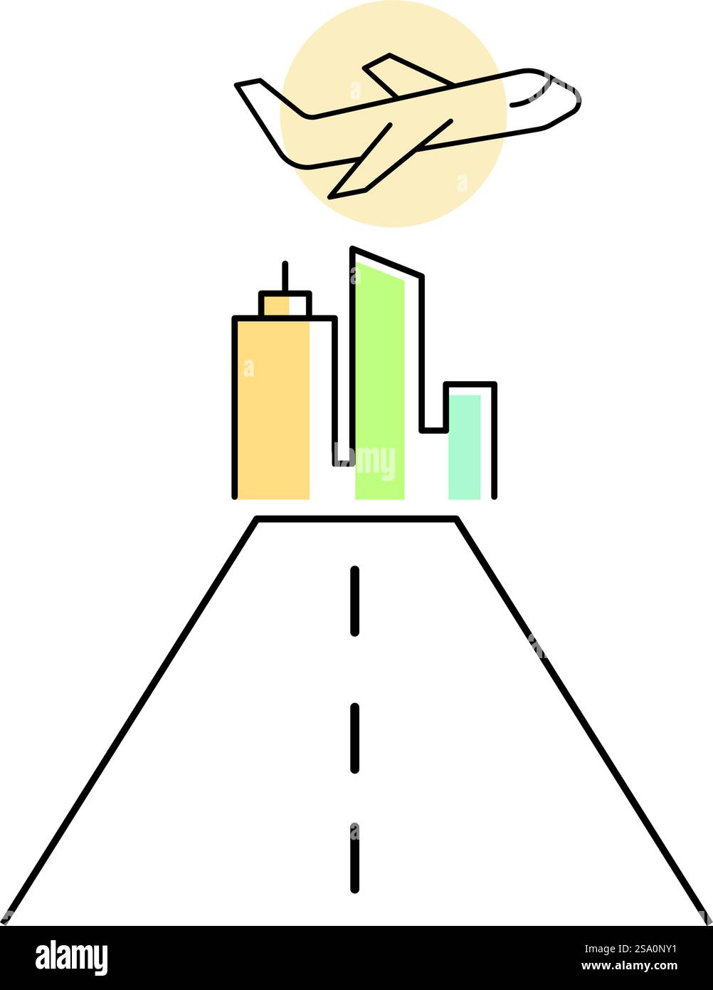 Avion volant au-dessus d'une ville avec une piste, capturant la vue aérienne et les thèmes de transport pour les voyages et l'aviation. Illustration de Vecteur