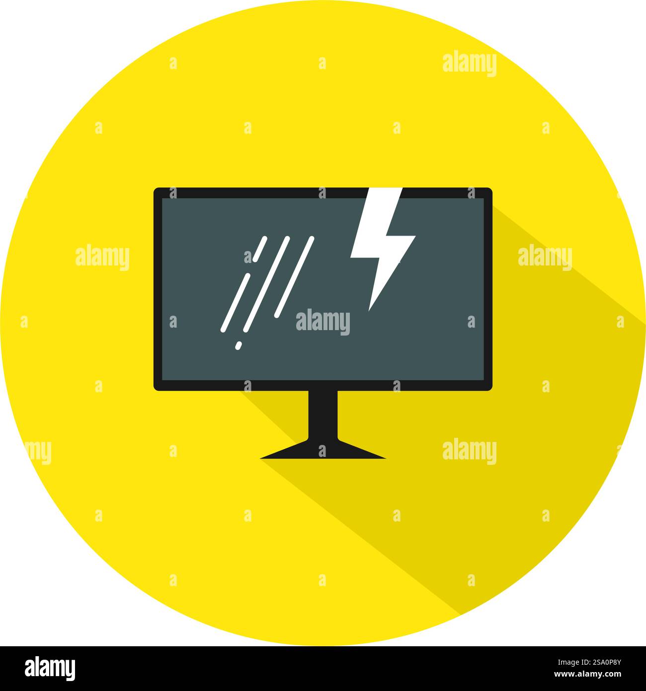 Un cercle jaune contient un moniteur endommagé par la foudre. Illustration de Vecteur