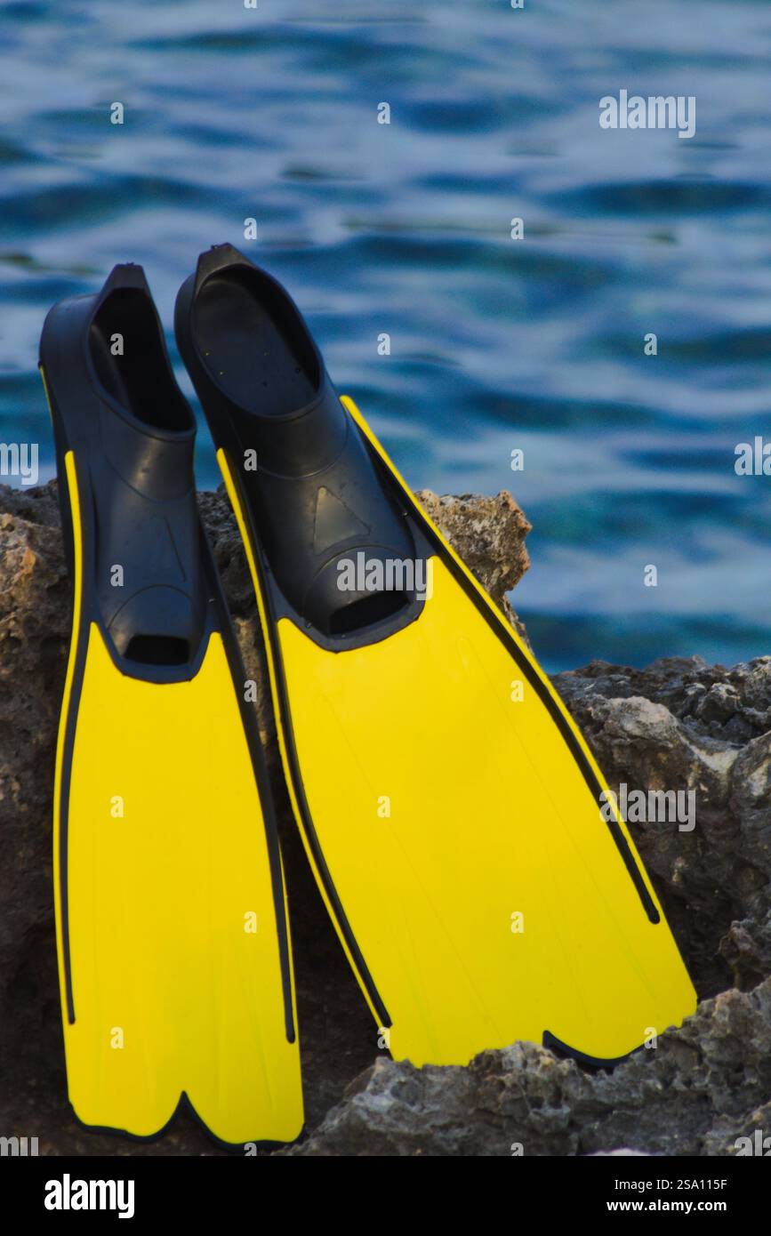 Nageoires jaunes sur les rochers marins. Sports nautiques en milieu naturel Banque D'Images