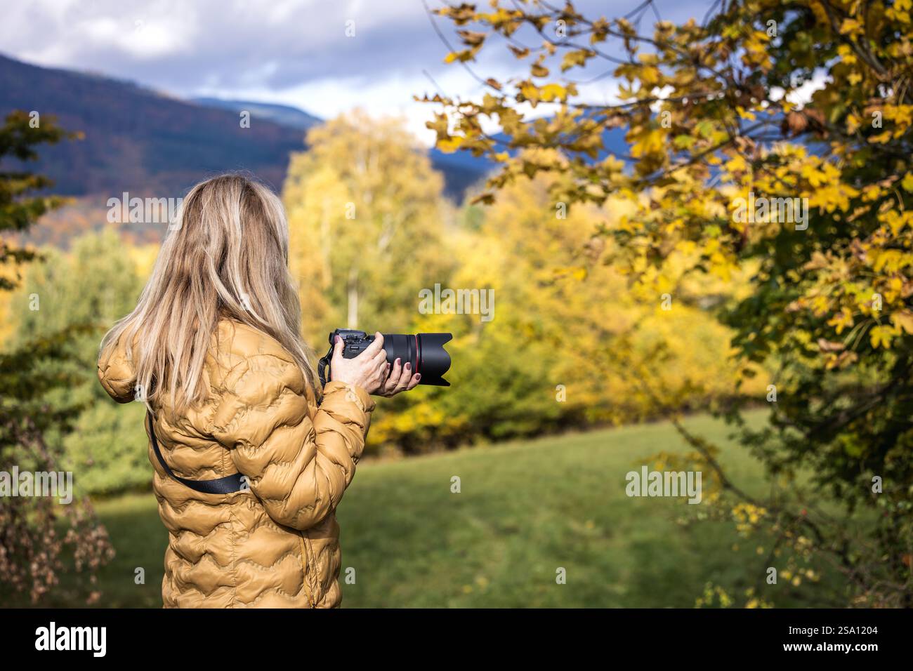 Femme photographe avec appareil photo explorant la nature automnale. Activités de loisirs en plein air Banque D'Images