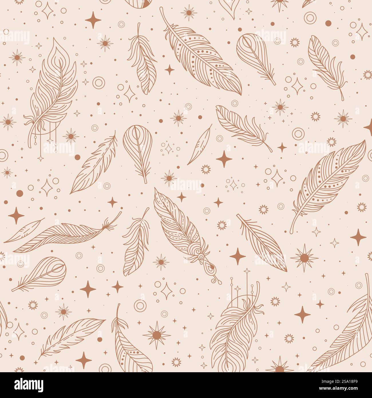 Plumes de moka linéaires magiques et motif sans couture d'étoiles. Illustration vectorielle dans le style ethnique. Magie et sorcellerie fond, astrologie. Pour papier peint Illustration de Vecteur