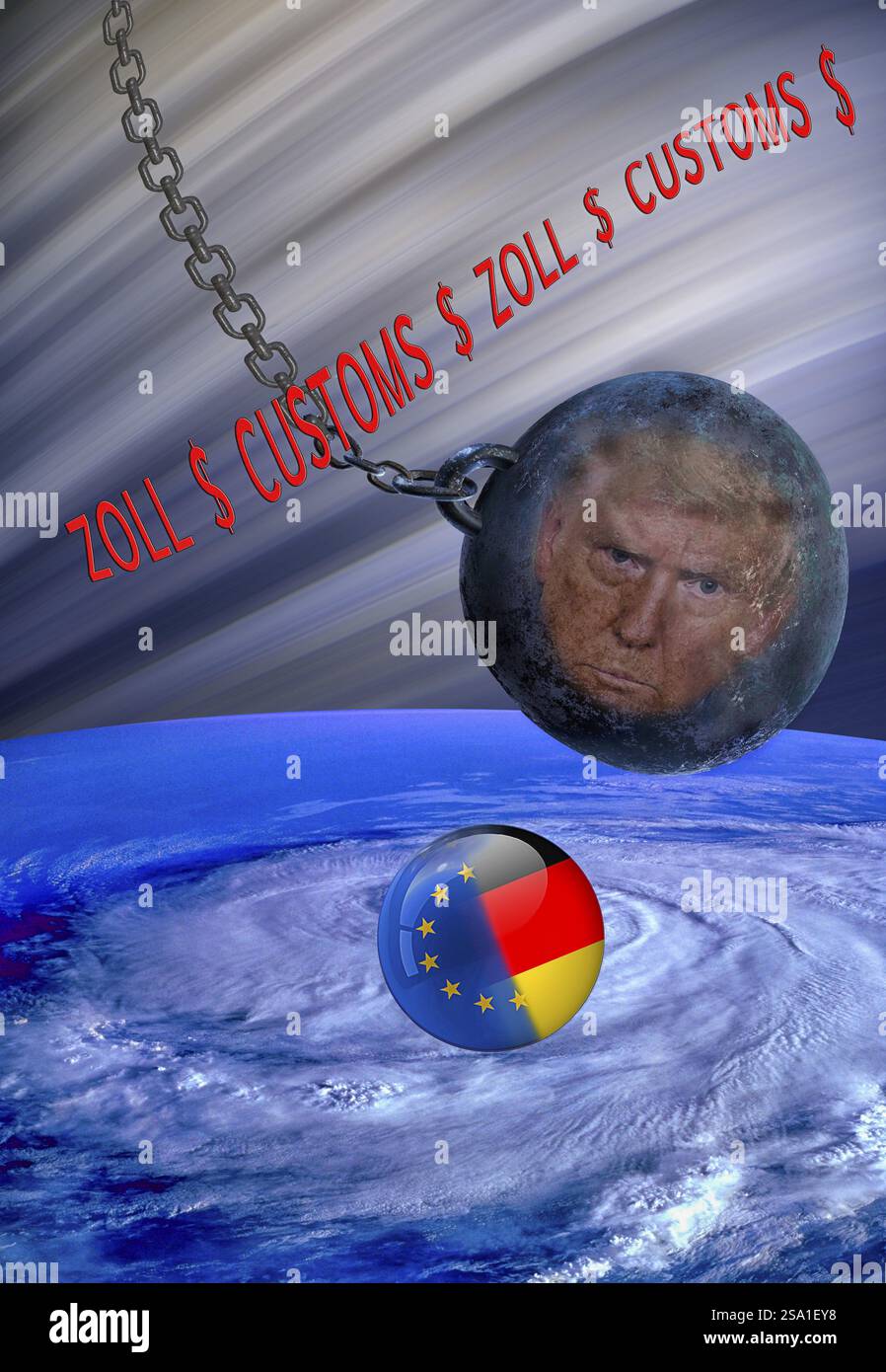 Image symbolique, UE et Allemagne dans un ouragan politique, Donald Trump, menaces tarifaires, Elon Musk, Mark Zuckerberg, réseaux sociaux, fausses nouvelles, haine, h Banque D'Images