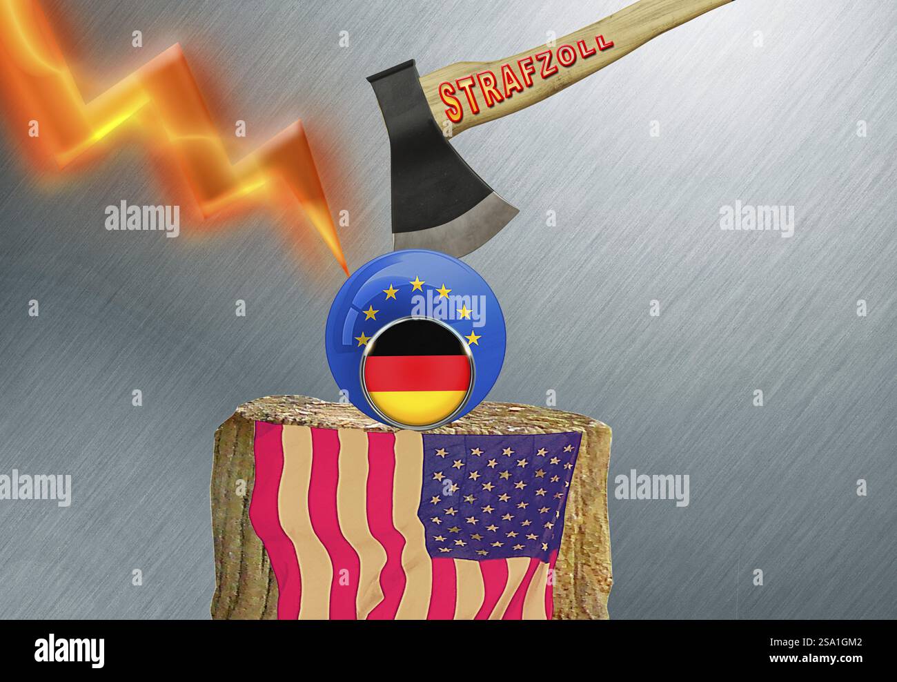 Image symbolique, UE et Allemagne sur le bloc de découpage politique, Donald Trump, menaces tarifaires, Elon Musk, Mark Zuckerberg, réseaux sociaux, fausses nouvelles, Banque D'Images